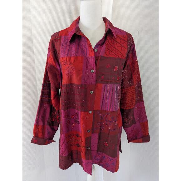 NWOT! CHICO'S! SILK! SHADES OF RED PATCHWORK BEAD/EMBROIDER TOP JACKET! SZ 10/12 - Picture 2 of 10